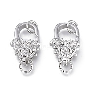 Brass Micro Pave Clear Cubic Zirconia Lobster Claw Clasps, with Jump Rings, Long-Lasting Plated, Insects, Platinum, 17.5x10.5x6mm, Hole: 3.5mm(ZIRC-Q024-20P)