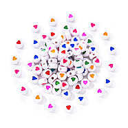White Opaque Acrylic Beads, Flat Round with Mixed Color Heart Pattern, 7x7x3.5mm, Hole: 1.8mm, about 100pcs/bag(SACR-YW0001-15)