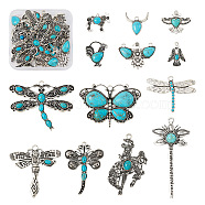 13pcs 13 style Tibetan Style Alloy Pendants, with Resin Imitation Turquoise, Donkey/Dragonfly/Butterfly/Cattle, Antique Silver, Mixed Shapes, 25~66.8x21~60mm, 1pc/style(FIND-TA0002-36)