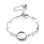 304 Stainless Steel Bracelet Making, with Lobster Claw Clasps, Cross Link Chains and Flat Round Cabochon Settings, Stainless Steel Color, Tray: 12mm, 6-1/4 inch(16cm)(STAS-L248-002P-B)