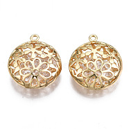 Brass Pendants, with Glass Rhinestone Inside, Hollow, Nickel Free, Flat Round, Real 18K Gold Plated, 25x22x9mm, Hole: 1.6mm(KK-S356-405-NF)