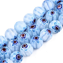 Handmade Millefiori Glass Beads Strands, Round with Flower Pattern, Light Sky Blue, 10mm, Hole: 1.2mm, about 36~38pcs/strand, 13.78 inch~14.88 inch(35cm~37.8cm)(LK-T001-10H)
