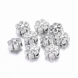 Belle fleur en alliage de style tibétain perles pour la fabrication de cadeaux de fête des mères, Alliage de zinc, sans plomb et sans cadmium, argent antique, environ 6.5 mm de diamètre, épaisseur de 4.5mm, Trou: 1mm(X-LF0252Y)