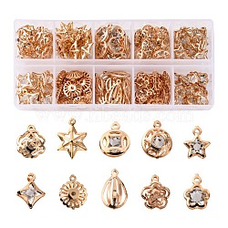 100Pcs 10 Style Rack Plating Eco-Friendly Iron Charms, with Crystal Rhinestone, Mix-shaped, Light Gold, 10pcs/style(IFIN-YW0001-29)