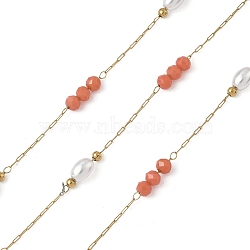 304 Stainless Steel Cable Chains, with Glass & ABS Imitation Pearl, Ion Plating(IP), Real 18K Gold Plated, Soldered, with Spool, Round with Oval, Light Coral, 9.5x3.5mm, about 32.81 Feet(10m)/Roll(CHS-K018-22G-07)