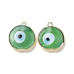 Handmade Lampwork Pendants, with Golden Plated Brass Findings, Cadmium Free & Lead Free, Flat Round with Evil Eye, Green, 21x18x4.5mm, Hole: 1.6mm(LAMP-P057-03G-07)