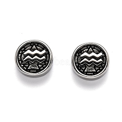 304 Stainless Steel Beads, Flat Round with Twelve Constellations, Antique Silver, Aquarius, 10x4mm, Hole: 1.8mm(STAS-J033-01E)