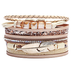 PU Leather Multi-strand Bracelets, with Wax Polyester Cords, Alloy Magnetic Clasp and Rhinestone, Feather, Golden, Beige, 7-1/2 inch(19cm), 40mm(BJEW-F352-02G-04)