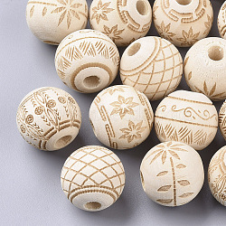 Unfinished Natural Wood European Beads, Large Hole Beads, Lead Free, Laser Engraved Pattern, Round with Pattern, Mixed Color, 15.5x14.5mm, Hole: 4mm(X-WOOD-T025-001-LF)