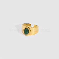 Oval Natural Green Aventurine Ring, Stainless Steel Wide Cuff Ring for Women, Real 18K Gold Plated(IR1864-2)