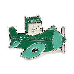 Cat with Airplate Enamel Pins, Alloy Brooches for Backpack Clothes, Green, 22x30mm(JEWB-M066-01P-01)