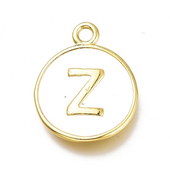 Brass Enamel Pendants, Long-Lasting Plated, Golden, White, Flat Round, Letter.Z, 16.5x13x2mm, Hole: 1.5mm
