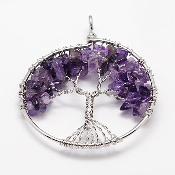 Tree of Life Natural Amethyst Bead Brass Wire Wrapped Big Pendants, Cadmium Free & Nickel Free & Lead Free, 50~64x48~52x5~8mm, Hole: 3~6mm