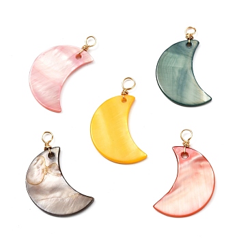 Natural Freshwater Shell Pendants, Dyed, with Real 18K Gold Plated Copper Findings, Moon, Mixed Color, 28.5x17x1mm, Hole: 3mm