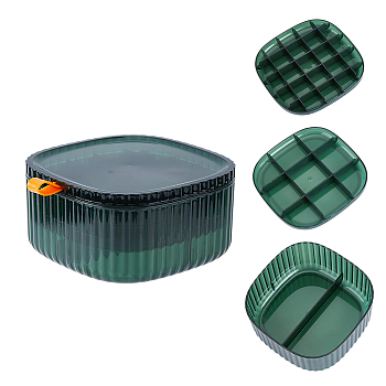 PET Plastic Multi-layered Jewerly Box, for Earrings Necklaces Rings Storags, Square, Dark Green, 15x15x7.5cm