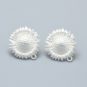 Alloy Stud Earring Findings, with Loop, Brass Pins and Ear Nuts/Earring Backs, Long-Lasting Plated, Sunflower, Matte Silver, 22x20mm, Hole: 1.5mm, Pin: 0.7mm