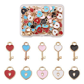 Alloy Enamel Pendants, Heart Key & Heart Lock, Light Gold, Mixed Color, 100pcs/box
