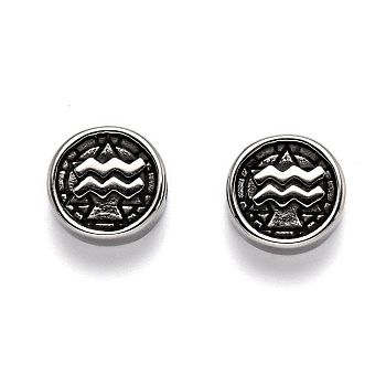 304 Stainless Steel Beads, Flat Round with Twelve Constellations, Antique Silver, Aquarius, 10x4mm, Hole: 1.8mm