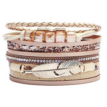 PU Leather Multi-strand Bracelets, with Wax Polyester Cords, Alloy Magnetic Clasp and Rhinestone, Feather, Golden, Beige, 7-1/2 inch(19cm), 40mm