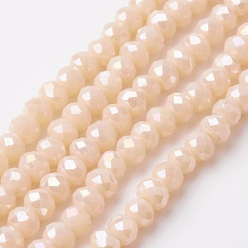 Electroplate Glass Beads Strands, Full Rainbow Plated, Faceted, Rondelle, PeachPuff, 4~4.5x3mm, Hole: 0.5mm, about 130~135pcs/strand, 15.5~16 inch(39~40cm)