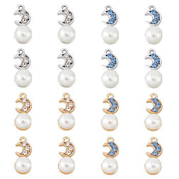 40Pcs 4 Colors Alloy Rhinestone Pendants, with ABS Imitation Pearl Beads, Crescent Moon, Platinum & Golden, 19x8x8.5mm, Hole: 1.4mm, 10Pcs/color