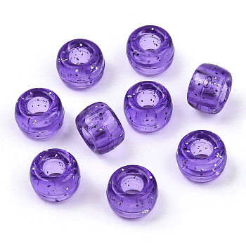 Transparent Plastic Beads, with Glitter Powder, Barrel, Blue Violet, 9x6mm, Hole: 3.8mm, about 1900pcs/500g