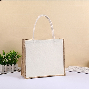 Blank Burlap Bags Totes with Handle, Rectangle, Floral White, 25x15x25cm