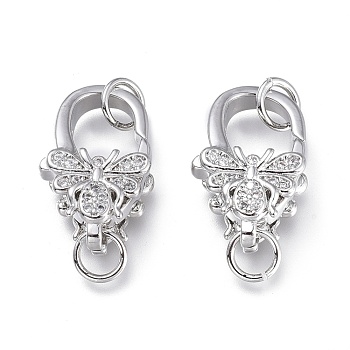 Brass Micro Pave Clear Cubic Zirconia Lobster Claw Clasps, with Jump Rings, Long-Lasting Plated, Insects, Platinum, 17.5x10.5x6mm, Hole: 3.5mm