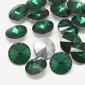 Pointed Back Glass Rhinestone Cabochons, Rivoli Rhinestone, Back Plated, Faceted, Cone, Med.Emerald, 14x7mm