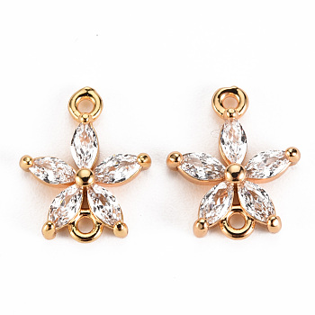 Brass Clear Cubic Zirconia Links Connectors, FLower, Real 18K Gold Plated, 11.5x10x3mm, Hole: 1mm