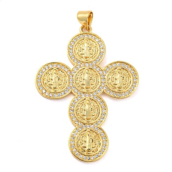 Cross Brass Micro Pave Cubic Zirconia Pendants, Long-Lasting Plated, Cadmium Free & Lead Free, Real 18K Gold Plated, 43x31x2mm, Hole: 5~3.5mm
