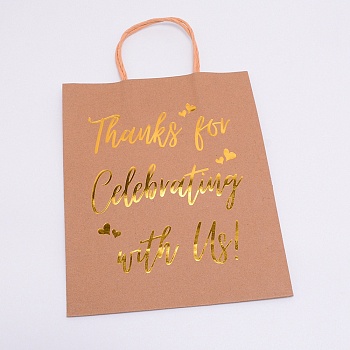 Kraft Paper Bags, with Hemp Cord Handles & Word Pattern, Gift Bags, Shopping Bags, Rectangle, Gold, 34x20.5x0.5cm