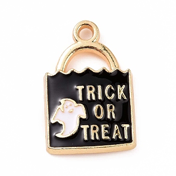 Halloween Alloy Enamel Pendants, Lock with Ghost & Word Trick or Treat Charm, Golden, 24x15.5x3mm, Hole: 2mm