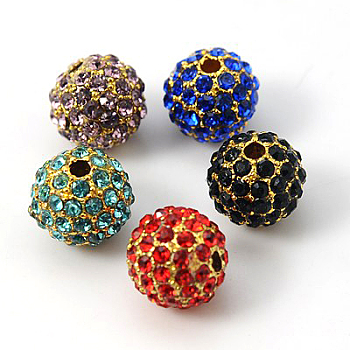Alloy Rhinestone Beads, Grade A, Round, Golden Metal Color, Mixed Color, 12mm