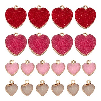 8Pcs 4 Style Electroplate Druzy Resin Pendants, with Light Gold Iron Findings, Valentine's Day, Heart, Mixed Color, 15~22.5x12~19.5x3.5~8mm, Hole: 1~1.8mm, 2pcs/style