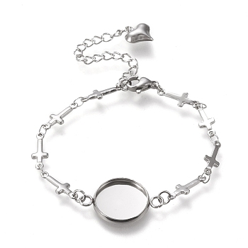 304 Stainless Steel Bracelet Making, with Lobster Claw Clasps, Cross Link Chains and Flat Round Cabochon Settings, Stainless Steel Color, Tray: 12mm, 6-1/4 inch(16cm)