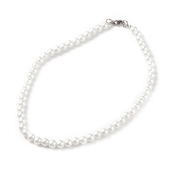 Glass Pearl Round Beaded Necklace for Men Women, White, 17-3/4 inch(45cm), Beads: 8mm
