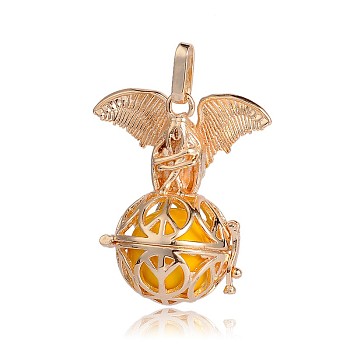 Golden Plated Brass Hollow Round Cage Pendants, with No Hole Spray Painted Brass Beads, Gold, 38x31x20mm, Hole: 3x8mm