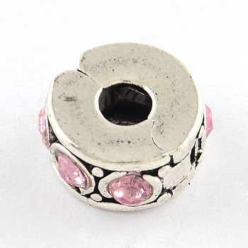 Brass Rhinestone European Clasps, Column, Antique Silver, Light Rose, 10~11x5~6mm, Hole: 3~4mm