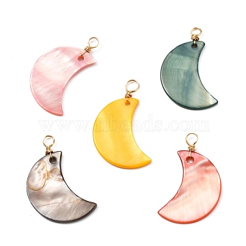 Natural Freshwater Shell Pendants, Dyed, with Real 18K Gold Plated Copper Findings, Moon, Mixed Color, 28.5x17x1mm, Hole: 3mm(PALLOY-JF01013)