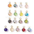 AB Color Plated Transparent Glass Pendants, Round, Faceted, Mixed Color, Real 18K Gold Plated, 15x10mm, Jump Ring: 5x0.8mm, Inner Diameter: 3.3mm(PALLOY-JF04972-01)