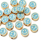 20Pcs Alloy Enamel Beads, Golden, Flat Round with Smiling Face, Pale Turquoise, 8x4mm, Hole: 1.6mm(FIND-YW0009-18B)