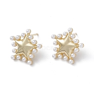 Long-Lasting Plated Brass Stud Earrings with Plastic Pearl for Women, Lead Free & Cadmium Free, Star, Real 18K Gold Plated, 19x20x2.7mm, Pin: 0.9mm(X-EJEW-A088-09G)