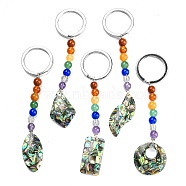 Abalone Shell Keychain, with Alloy Key Rings and Gemstone Beads, Mixed Shapes, Mixed Shapes, 10.1~10.8cm, pendant: 73~83x15~16x6.5mm(KEYC-Z002-01P)