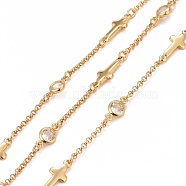 Brass Rolo Chains, with Cross & Cubic Zirconia Flat Round Links, Unwelded, with Spool, Cadmium Free & Nickel Free & Lead Free, Real 18K Gold Plated, Links: 9x4.5x2.5mm, 13x5x1.5mm(CHC-I044-03G)