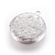 304 Stainless Steel Locket Pendants, Flat Round with Flower, Stainless Steel Color, 31x27.5x5.5mm, Hole: 2mm(X-STAS-P237-04P)