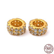 925 Sterling Silver Spacer Beads, with Cubic Zirconia, Column, Real 18K Gold Plated, 5.5x2.6mm, Hole: 3.3mm(STER-K176-05G)