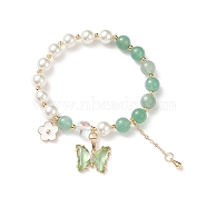 Round Natural Green Aventurine & Shell Pearl Beaded Stretch Bracelet, Glass Butterfly & Brass Flower Charms Bracelet for Women, Inner Diameter: 2 inch(5.1cm)(BJEW-TA00191-02)