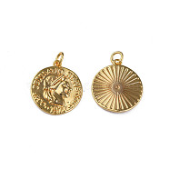 Brass Pendants, with Jump Rings, Nickel Free, Flat Round with Woman, Real 18K Gold Plated, 21x18x2mm, Jump Ring: 5x1mm, 3mm inner diameter(KK-N233-384)