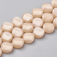 Opaque Solid Color Glass Beads Strands, Faceted, Flat Round, Twisted, Navajo White, 14x6.5mm, Hole: 1mm, about 25pcs/strand, 113.77 inch(35cm)(GLAA-N032-06N)
